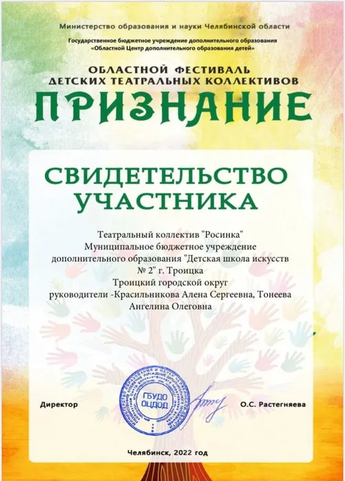 Областной фестиваль детских театральных коллективов «Признание» Театральный коллектив «Росинка» 2022